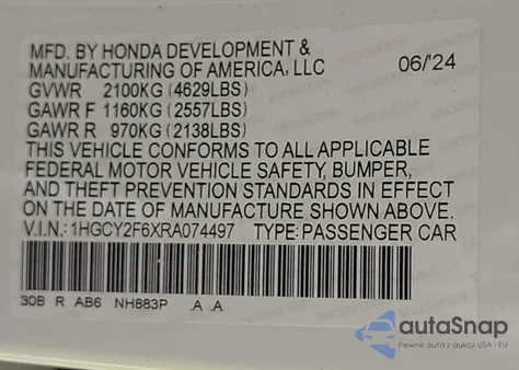 2024 Honda Accord Hybrid Ex-L z USA, uszkodzony, nr VIN 1HGCY2F6XRA074497